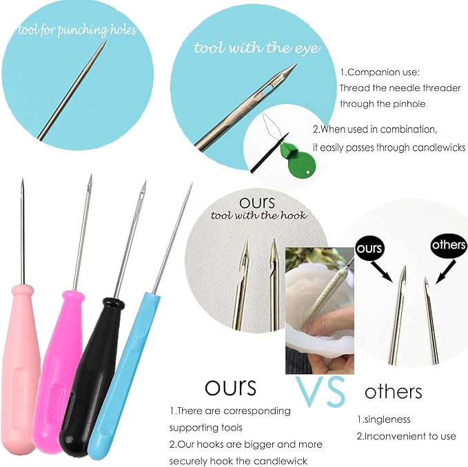 TYMKLMZG Mold Punch Needle with Hook & Eye,Candle Wick Inserting Tool for Molds Large-Eye Needle for Candle Silicone Molds,Candle Wick Roll 200 Ft 24 Wick Spool(2 Style),Threader,Candle Wick Holders