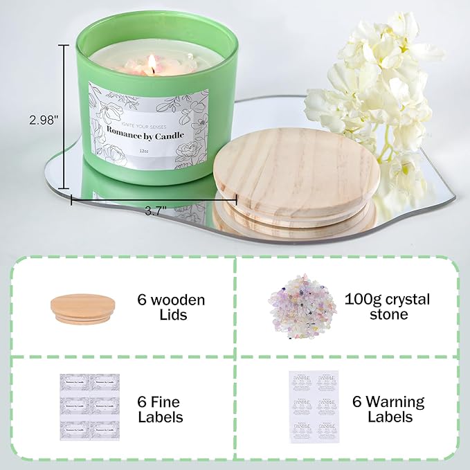 6Pcs Assorted Green Candle Jars for Making Candles, 12oz Empty Candle Jars with Bamboo Lids,Labels and 100g Crystal Rocks, Glass Jars for Candle Making Supplies, Candle Containers for DIY Gifts