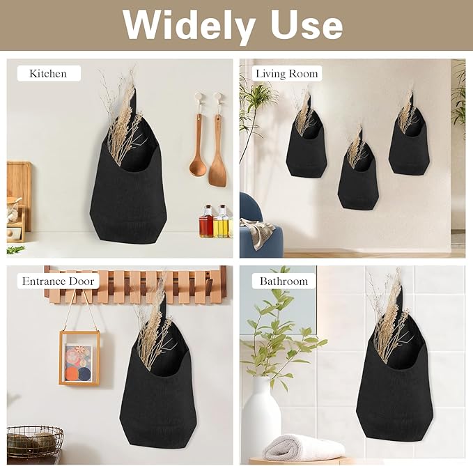 100% Linen Hanging Storage Bags Baskets 2 Pcs, Small Wall Storage Bag for Kitchen, Bedroom, RV Camper Organizer, Sewing Room, Nursery Storage, Kids Room (Black)