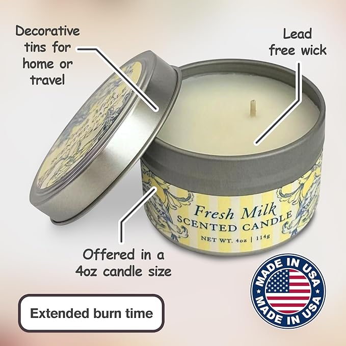 Greenwich Bay Hand-Poured Scented Candle in Decorative Tin – 4 oz/114 g Travel Candle with Lead-Free Wick, Vegetable Wax, Long-Burning Aromatherapy Gift, Single Wick – Made in USA (Fresh Milk)