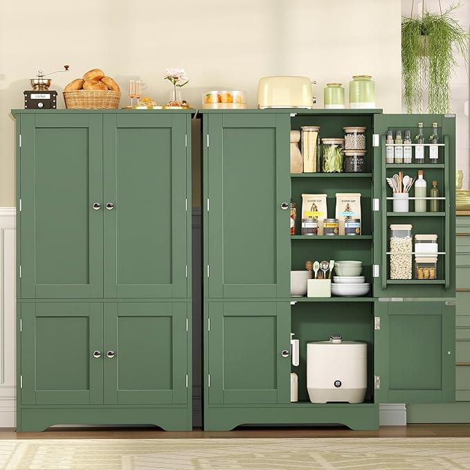 TEENFON 43" H Storage Cabinet with 4 Doors, Kitchen Cabinet with 6 Door Shelves, Kitchen Pantry Cabinets for Living Room, Dining Room, Bathroom, Forest Green