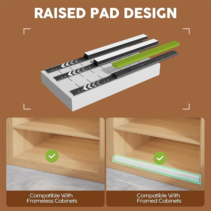4 Pack Expandable (9"-14") Pull Out Cabinet Organizer 21" Deep With Raising Pad for Framed Cabinets,Upgrade 3 Slide Rails Slide Out Drawers,No Drill Roll Out Shelves Adhesive,White