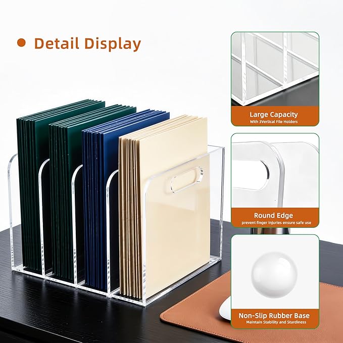 Acrylic Magazine File Holder, 4 Vertical Compartments Desk Document Sorter Organizer, Clear Folder Rack Binder for Office/Documents/Classroom, for Home, Tablet, Magazines, Books & Accessories