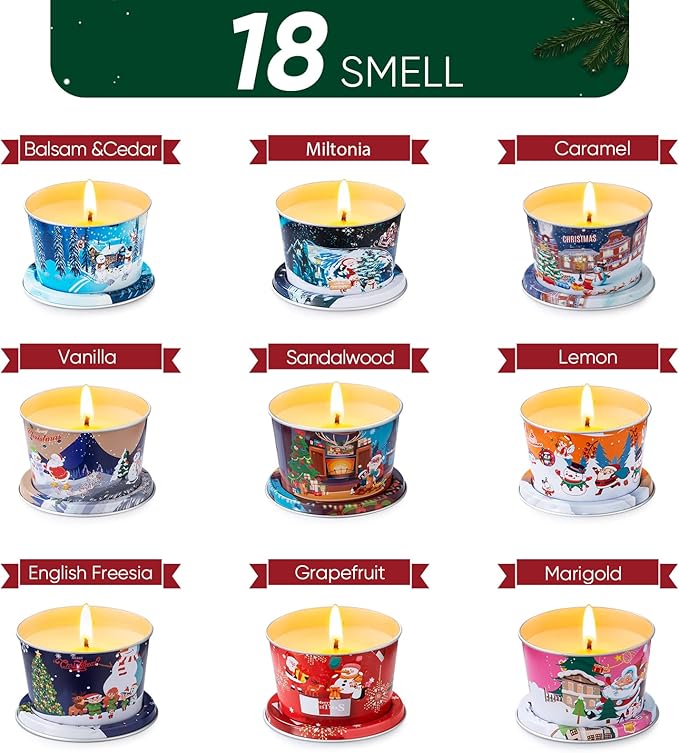 18-Pack Christmas Aromatherapy Candle Set - Travel-Size Scented Candles 2.5 oz Each | 10+ Hour Relaxing Long-Lasting Burn | Fragrant Soy Candles for Home, Gifts