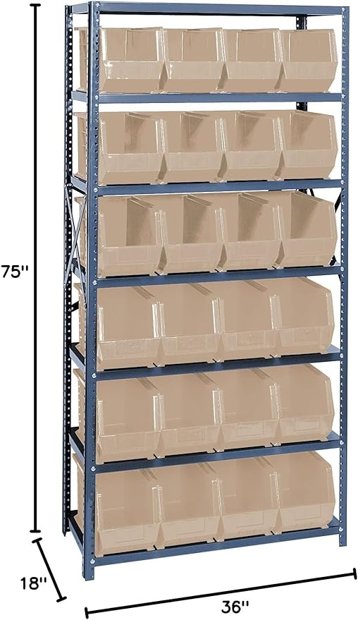Quantum Storage Systems QSBU-265IV Giant Open Hopper Steel Shelving System, 18" D x 36" W x 75" H, with 7 Shelves and 24 QUS265 Bins, Ivory