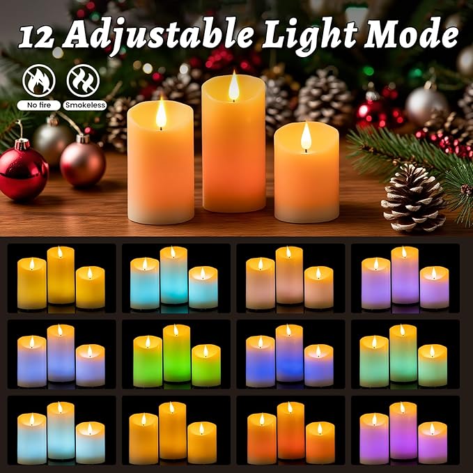 Rechargeable Colored Candles with Remote - LED Pillar Candles with USB Charging Cable, 3D Realistic Flame, Real Wax Flameless Candles for Christmas Decor and Romantic Home Decor – 4" 5" 6" H, 2.95" D