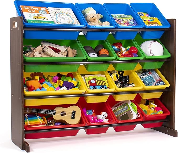 Humble Crew Supersized Toy Storage Organizer with 16 Removable Bins, Walnut/Primary – Large Toy Storage for Toddlers Ideal for Kids' Rooms, Playrooms, and Nurseries - Modern Toy Bins for Kids