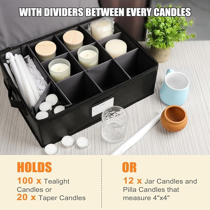 Fireproof Candle Storage Organizer Box (Set of 2) with Dividers, Tissue Paper and Ziplock Bags Protects 12 Aromatherapy Candles, Jar Candles, Taper Candles, Pillar Candles, Tealight Candle and Candles