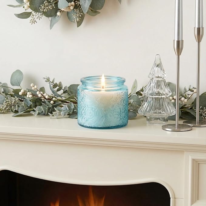 9-Pack 10 oz Sun Moon Star Embossed Glass Candle Jars with Mirror Lids and Labels - Unique Blue Containers with Lids for Candle Making