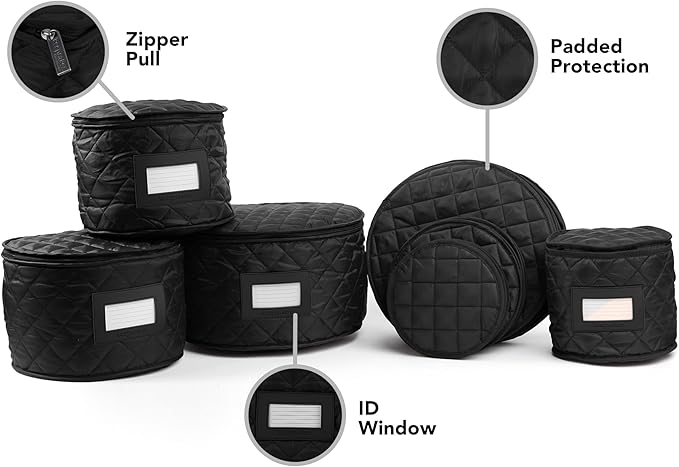 Covermates Keepsakes Dish Storage Set – Padded China & Dinnerware Storage Cases with Dividers, Cup & Stemware Storage, Quilted Polyester Protection, ID Window, Black