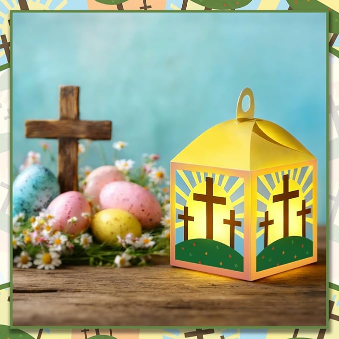 Simgoing 24 Sets Easter Crafts with LED Candle Light He is Risen Tissue Paper Resurrection Craft DIY VBS Christ Suncatchers Lanterns Hanging for Fun Home Activities Sunday School Christian Decoration