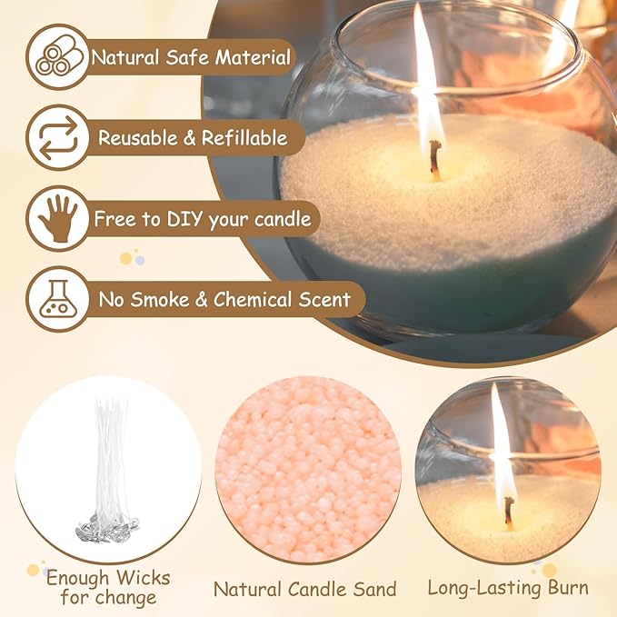 MECCANIXITY Pearled Sand Candles with 30 Pcs Wicks 14Oz / 400g Candle Beads Refillable Powder Sand Wax Making Kit for Thanksgiving Christmas Wedding Party DIY Home Crafts, Light Orange