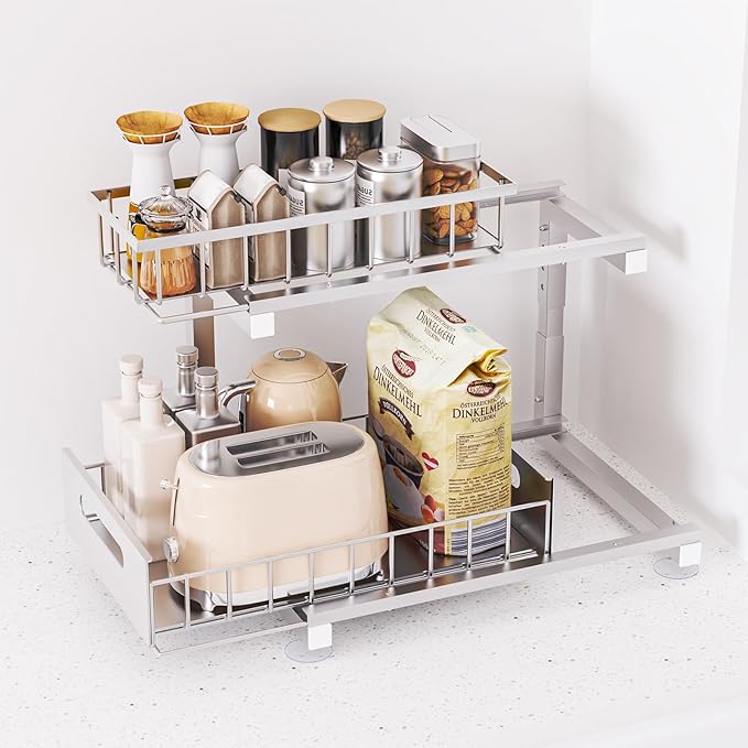 Under Sink Organizer, Heavy Duty Metal Pull Out Cabinet Organizer Slide Out Sink Shelf Organizer Height Adjustable, Multi-Purpose Storage Shelf for Kitchen Bathroom(Sliver,1Pack)