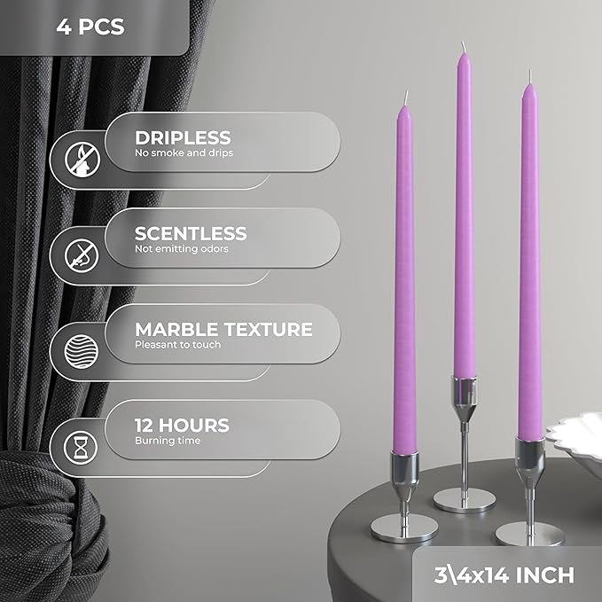 CANDWAX Lavender 14 inch Taper Candles Pack of 4 - Unscented Smokeless Dripless Candlesticks - Perfect for Special Occasions, Ordinary Dinners, Holidays and as Easter Candles - Lilac Candle Sticks