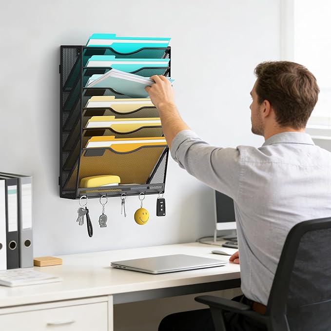 Delifox 7-Tier Wall File Organizer Hanging Wall File Holder Wall Mount Paper Folder Organizer, Mesh Mail Paper Orgnization Hanging File Folder Holder for Home Office, Black