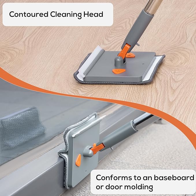 Base Board Cleaner Tool with Handle, 360 Rotating Wall Cleaner Mop, 180 Folding Ceiling Tool Duster with Squeegee for Cleaning Wall, Ceiling, Window, Floor, 8 Replacement Cleaning Pads
