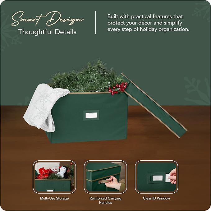 Covermates Keepsakes Treasurekeeper Storage Box – Heavy-Duty Polyester with Sturdy Interior Walls – Stackable Holiday Storage with Handles & ID Window, Green