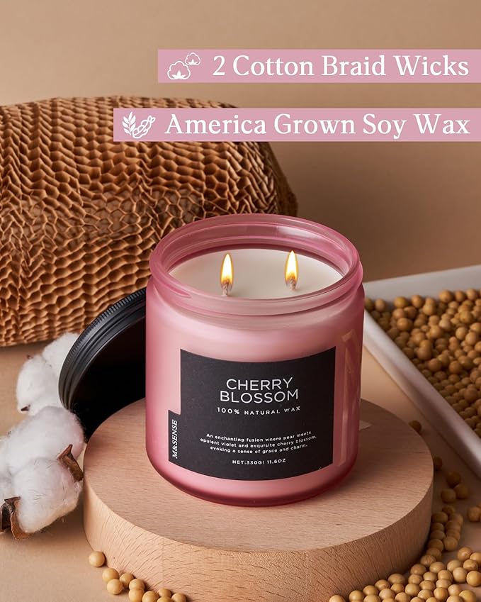 M&SENSE Cherry Blossom Home Scented Candles, 11.6oz Natural Soy Wax, Non-Toxic Clean Burning, 70-Hour Burn Time, Spring Floral Aromatherapy for Stress Relief & Relax, Relaxing Candle Gifts for Mom