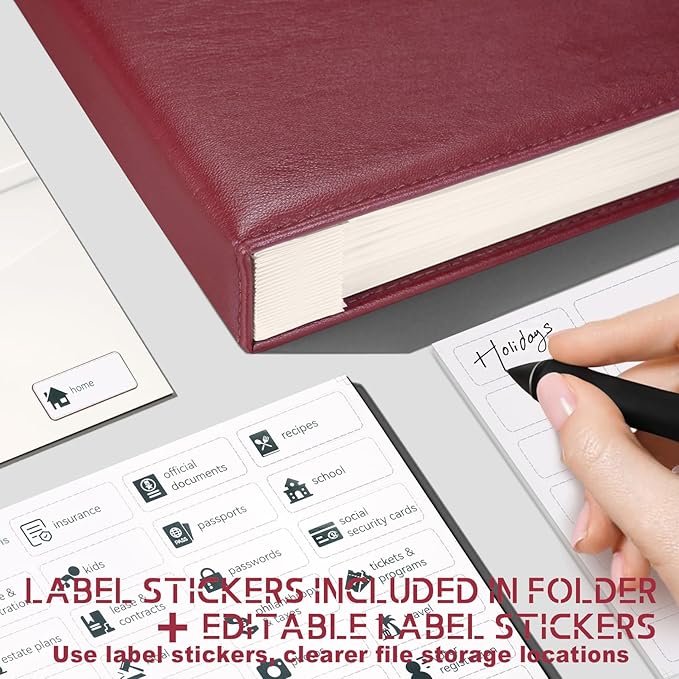 JOYCE Important Document Organizer, 14 Expandable Pockets, 13 Card Slots, for A4 Paper/Letterhead/Cards, with 2 Label Stickers, Suitable for Home, Office, School Use (Rose Red - Leather)
