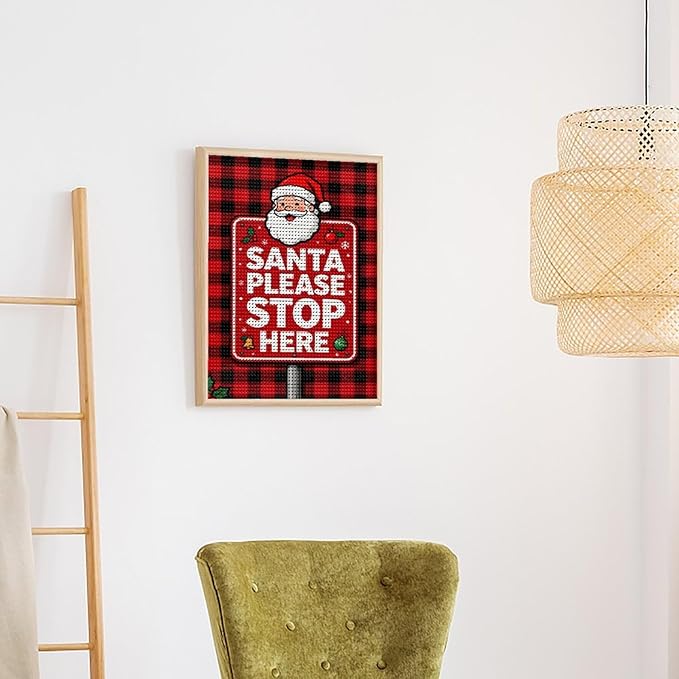 AIVKIEJK Diamond Painting Kits for Adults - Holly & Stars, Santa Please Stop Here Painting DIY 5D Full Drill Diamond Dots Paintings with Diamonds Gem Art and Crafts Home Decor 16"x20"