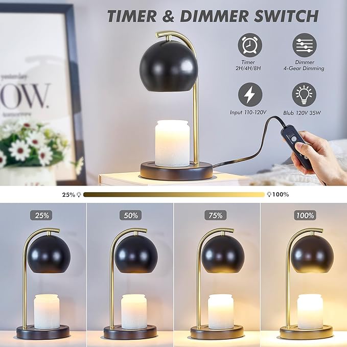 Candle Warmer Lamp Gifts for Women - Dimmable Scented Wax Melt Warmer with Timer - Housewarming Gifts for Home Bedroom Decor, Xmas Birthday Gifts for Mom, 2 Bulbs, Black