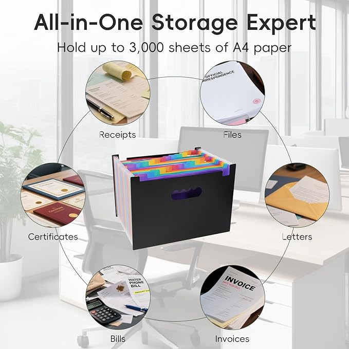 File Organizer Box with 25-Pocket Accordion Folder, File Folder & Protective Lid - Document Storage for Home, Office, School, Black