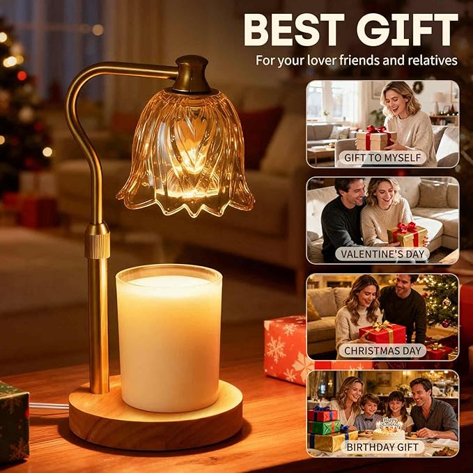 Candle Warmer Lamp with Timer and Dimmer, Adjustable Height Candle Warmer with 2 Bulbs for Living Room Bedroom Home Room Decor, Gift for Women, Wooden Base