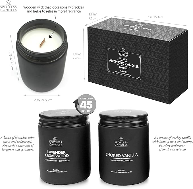 Mens Candle 2 x 8oz Pack Smoked Vanilla and Lavender Cedarwood Scents