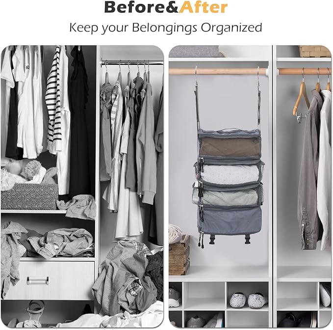 TABITORA Travel Luggage Organizer Hanging Packing Cubes Portable Hanging Shelves Carry on Closet for Suitcase with 2 Hooks,Collapsible(Gray,M)