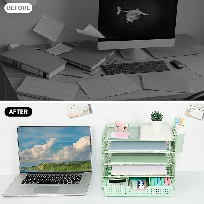 LEKETREE Desk Organizers and Accessories, 5-Tier Paper Letter Tray Organizer with Drawer & 2 Pen Holders, Desktop Organizer for Office Supplies (Green)