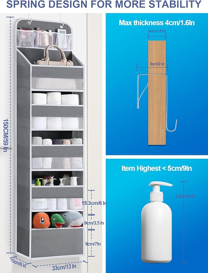 Over the Door Organizers - 5 Tier Hanging Door Storage with 5 Spacious Pockets, Anti -Tilt 44 lb Load Behind Door Organizer for Bedroom,Nursery,Bathroom,Kitchen,Dorm,Pantry - 1 Pack,Grey