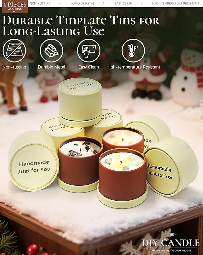 Quikobo 6 Pack 4oz Yellow Candle Tins with Lids - Durable Matte Tinplate Containers for DIY Candle Making and Multi-Purpose Storage