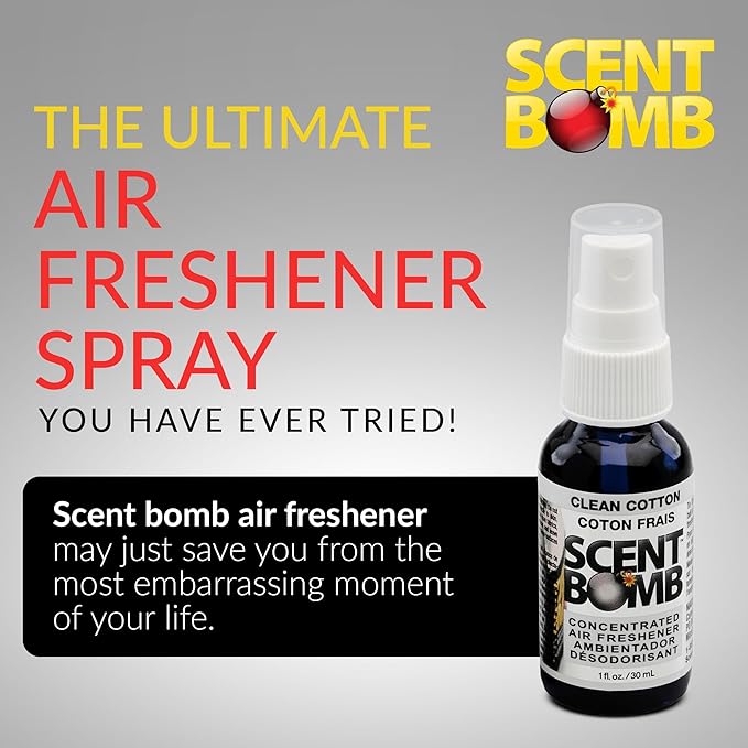 Scent Bomb Air Freshener Spray, Long-Lasting Odor Eliminator - Effective Deodorizer for Home & Car, Fresh Room Spray for Kitchen, Bathroom & Smell Neutralizer - 1 oz Pack of 4, Clean Cotton Scent