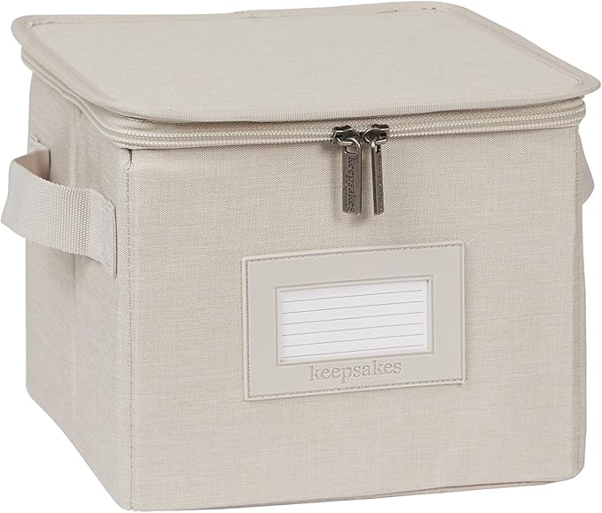 Covermates Dish Storage Box – China & Dinner Plate Storage Container with Dual Zippers, Reinforced Handles, ID Window & Stackable Structured Walls for Dishware Organization, Beige Heather