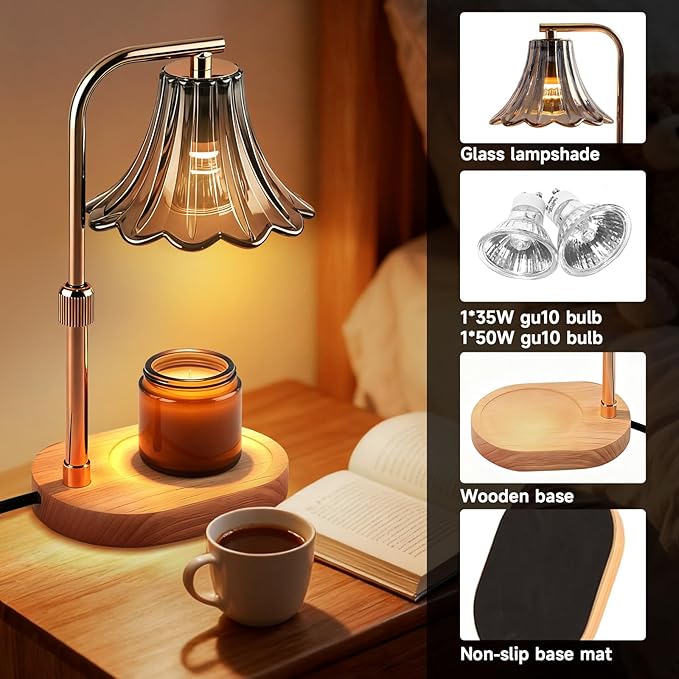 Candle Warmer Lamp with Timer and Dimmer, Adjustable Height Wax Melter for Scented Jar Candles, Vintage Glass Shade Home Decor, Gifts for Women and Mom, 2 Bulbs Included