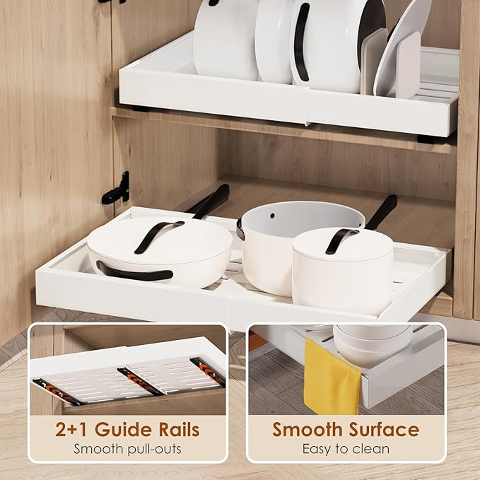 2 Pack Expandable Pull Out Cabinet Organizer 16.5" Deep, Adjustable Width 12.6"-20.5", No Drill Adhesive with Triple Track Rails, Heavy Duty Slide Out Drawers for Kitchen,Pantry,Cabinets,White