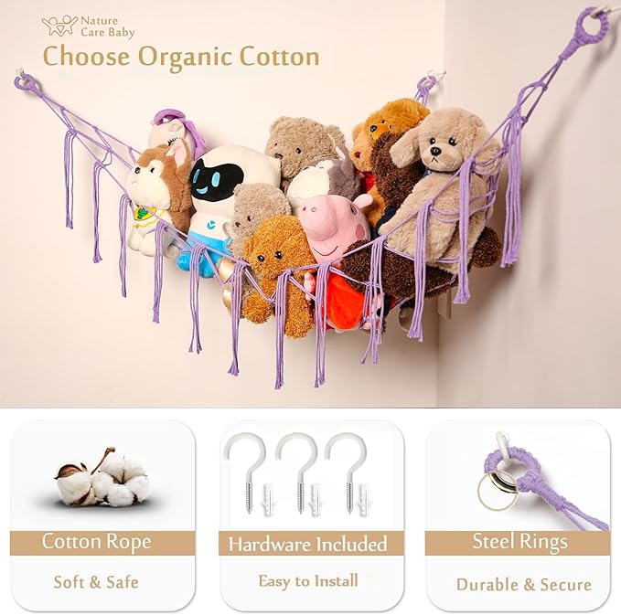 YKBU Stuffed Animals Hammock Corner Hanging Net for Macrame Stuffed Animal Storage Plush Toy Holder Toy Organizer for Boho Nursery Playroom Bedroom (purple, Large)