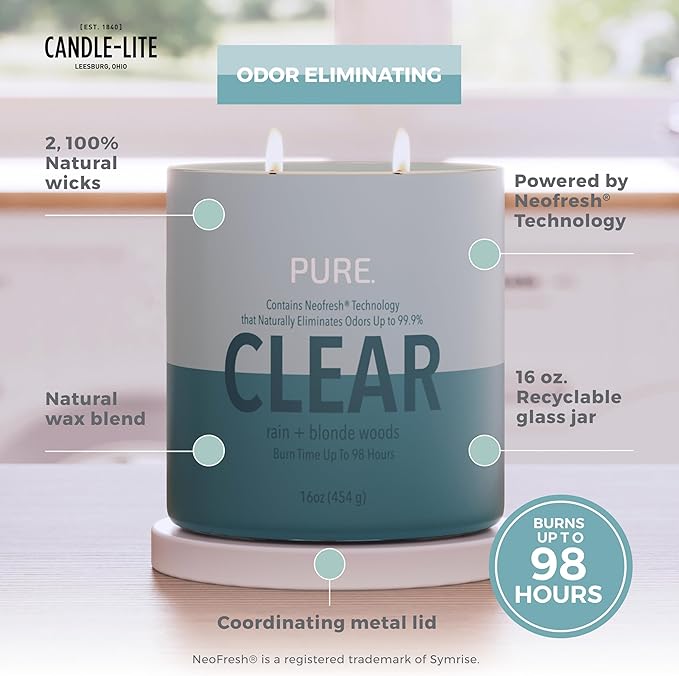 Candle-Lite Pure Rain & Blonde Woods Odor Eliminating Scented Candles, Neofresh Technology Eliminates 99.9% of Odors, 16 oz 2-Wick Jar, Proudly Poured in The USA, Up to 60 Hours Burn Time