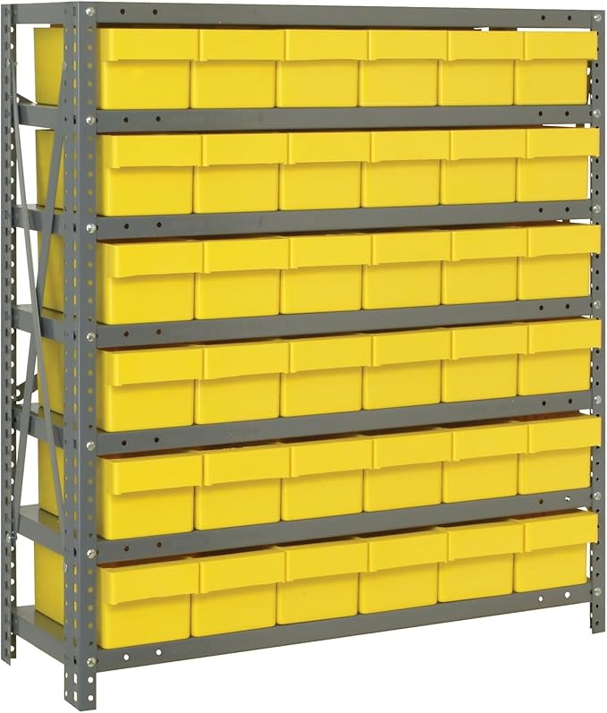 Quantum Storage Systems 1839-602YL Solid Heavy Duty 7 Shelves 36 Super Tuff Euro Yellow Bins 39" H x 36" W x 18" D