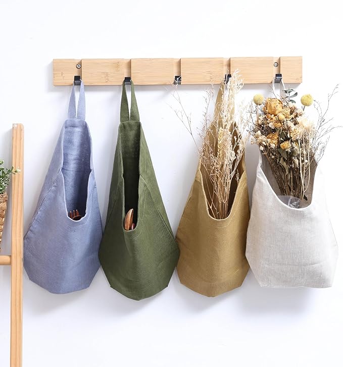 100% Linen Hanging Storage Bags Baskets 2 Pcs, Small Wall Storage Bag for Kitchen, Bedroom, RV Camper Organizer, Sewing Room, Nursery Storage, Kids Room, Army Green