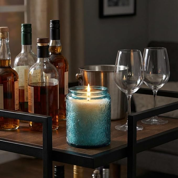 Art Secret 9-Pack 8oz Embossed Glass Candle Jars with Lids and Labels - Sun Moon Stars Design (Blue)