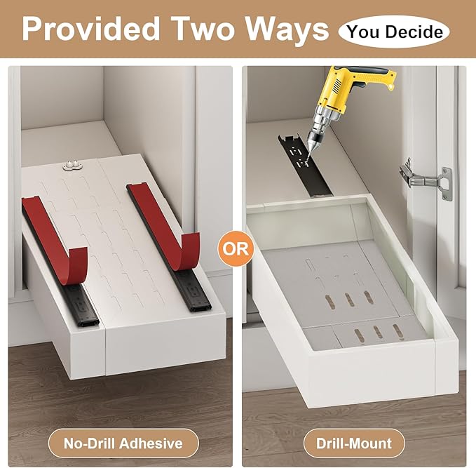 Pull out Cabinet Organizer,Width (7"-11") and Depth (17"-24") Expandable,No Drill Adjustable Slide out Drawers for Kitchen,Pantry,Adhesive Roll out Shelves,for Cabinets Without Lip,White