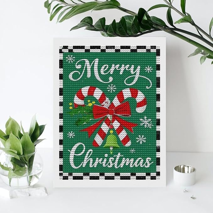 AIVKIEJK Diamond Painting Kits for Adults - Festive Merry Christmas Red Bow, Candy Cane & Bell Painting DIY 5D Full Drill Diamond Dots Paintings with Diamonds Gem Art and Crafts Home Decor 12"x16"