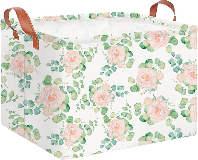 Rectangle Storage Basket with Handles,Collapsible Storage Bin,Books Box,Gift Basket(Watercolor Rose)