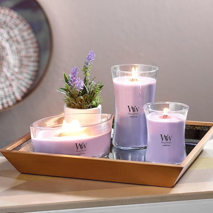 WoodWick Lavender Spa Gifts for Women and Men, 9.7 oz Medium Hourglass Candle with Crackling Wick
