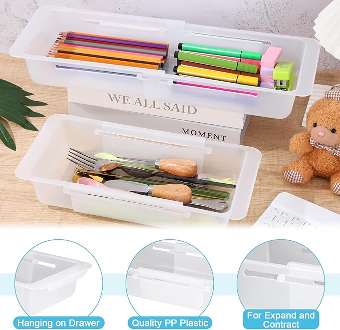 4 PCS Deep Drawer Organizer Bin Adjustable Sliding Drawer Organizers Clear Expandable Transparent Organizer Trays for Home Office Kitchen Makeup Storage Tools