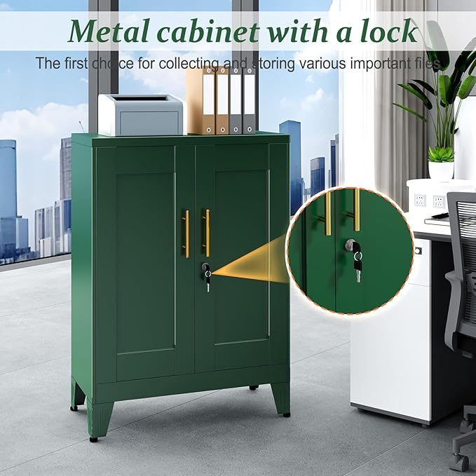 Green Metal Storage Cabinet, 36" Tall Locking Storage Cabinet with 2 Adjustable Shelves, Steel Locker Organizer, for Office, Home, School, 11.81" D x 23.62" W x 35.83" H, 2PS