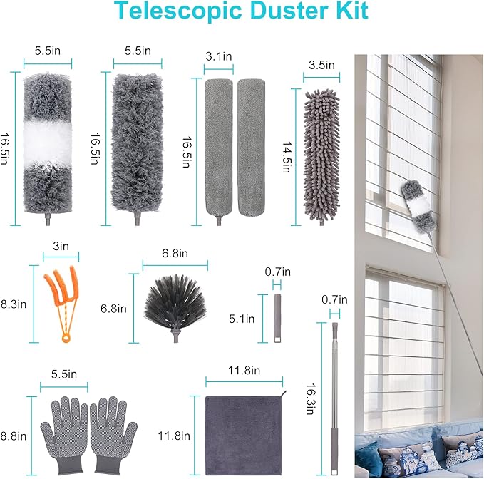 12pcs Microfiber Dusters, Duster with Extension Pole(Stainless Steel) 30 to 100'', Washable Dusters, Bendable Extendable Long Feather Duster for Cleaning Fan, High Ceiling, Blinds, Furniture, Cars