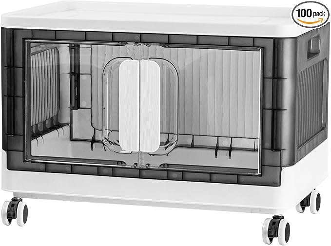 Folding Storage Organizer with Silent casters | Stackable Design for Home & Office, Heavy-Duty Plastic Storage Bin with Clear Door, 3 Sizes (19.5/23.5/27.5in),Black/White (19.7" 1 layer, White)