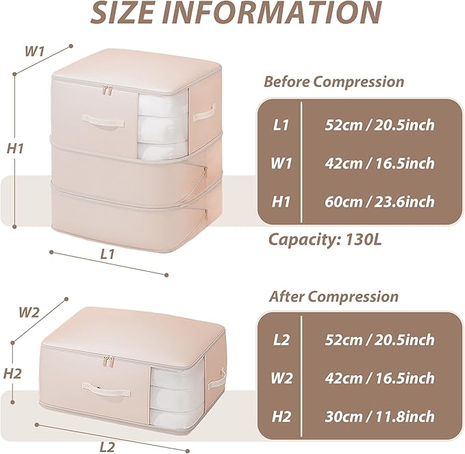 Veki Comforter Storage Bag, Space Saving Self Compression Foldable Blanket Storage Bags, Closet Organizer With Handle and VisualiZation Window, Large Capacity 130L for Bedding, Clothes (Pink, XL)